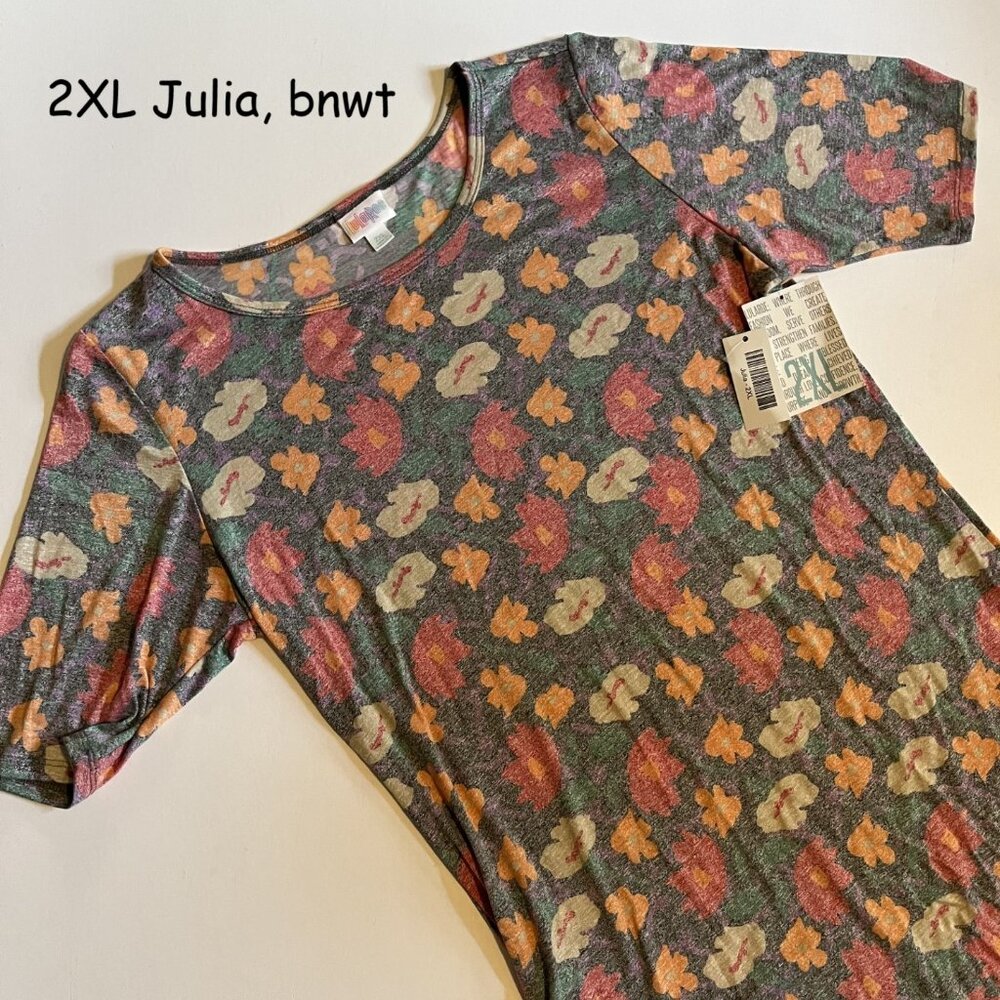 2XL Lularoe Julia sheath dress, black with red, orange, purple, white flowers
